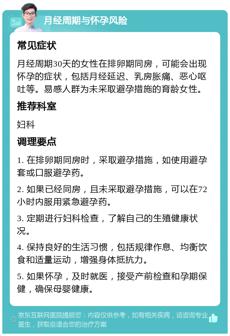 月经周期与怀孕风险 常见症状 月经周期30天的女性在排卵期同房，可能会出现怀孕的症状，包括月经延迟、乳房胀痛、恶心呕吐等。易感人群为未采取避孕措施的育龄女性。 推荐科室 妇科 调理要点 1. 在排卵期同房时，采取避孕措施，如使用避孕套或口服避孕药。 2. 如果已经同房，且未采取避孕措施，可以在72小时内服用紧急避孕药。 3. 定期进行妇科检查，了解自己的生殖健康状况。 4. 保持良好的生活习惯，包括规律作息、均衡饮食和适量运动，增强身体抵抗力。 5. 如果怀孕，及时就医，接受产前检查和孕期保健，确保母婴健康。