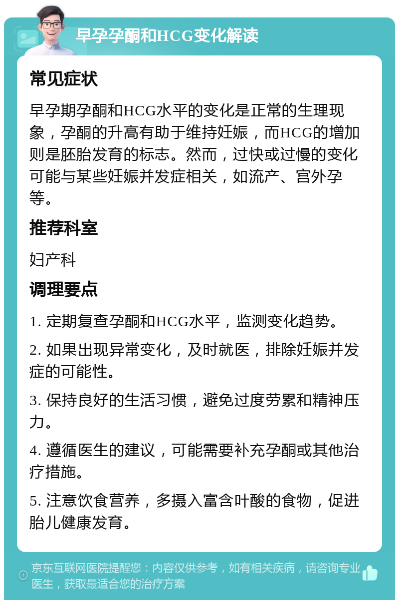 早孕孕酮和HCG变化解读 常见症状 早孕期孕酮和HCG水平的变化是正常的生理现象，孕酮的升高有助于维持妊娠，而HCG的增加则是胚胎发育的标志。然而，过快或过慢的变化可能与某些妊娠并发症相关，如流产、宫外孕等。 推荐科室 妇产科 调理要点 1. 定期复查孕酮和HCG水平，监测变化趋势。 2. 如果出现异常变化，及时就医，排除妊娠并发症的可能性。 3. 保持良好的生活习惯，避免过度劳累和精神压力。 4. 遵循医生的建议，可能需要补充孕酮或其他治疗措施。 5. 注意饮食营养，多摄入富含叶酸的食物，促进胎儿健康发育。