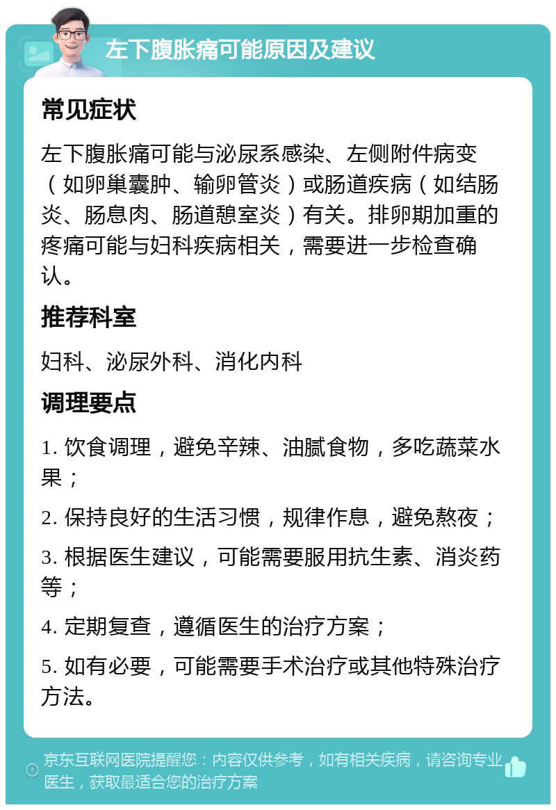 左下腹胀痛可能原因及建议 常见症状 左下腹胀痛可能与泌尿系感染、左侧附件病变（如卵巢囊肿、输卵管炎）或肠道疾病（如结肠炎、肠息肉、肠道憩室炎）有关。排卵期加重的疼痛可能与妇科疾病相关，需要进一步检查确认。 推荐科室 妇科、泌尿外科、消化内科 调理要点 1. 饮食调理，避免辛辣、油腻食物，多吃蔬菜水果； 2. 保持良好的生活习惯，规律作息，避免熬夜； 3. 根据医生建议，可能需要服用抗生素、消炎药等； 4. 定期复查，遵循医生的治疗方案； 5. 如有必要，可能需要手术治疗或其他特殊治疗方法。