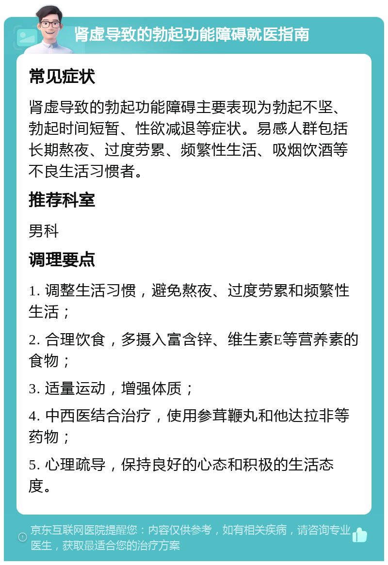 肾虚导致的勃起功能障碍就医指南 常见症状 肾虚导致的勃起功能障碍主要表现为勃起不坚、勃起时间短暂、性欲减退等症状。易感人群包括长期熬夜、过度劳累、频繁性生活、吸烟饮酒等不良生活习惯者。 推荐科室 男科 调理要点 1. 调整生活习惯，避免熬夜、过度劳累和频繁性生活； 2. 合理饮食，多摄入富含锌、维生素E等营养素的食物； 3. 适量运动，增强体质； 4. 中西医结合治疗，使用参茸鞭丸和他达拉非等药物； 5. 心理疏导，保持良好的心态和积极的生活态度。