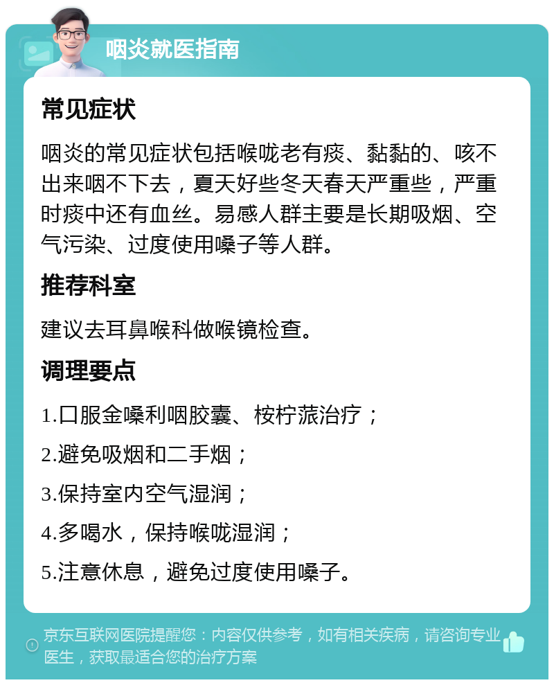 咽炎就医指南 常见症状 咽炎的常见症状包括喉咙老有痰、黏黏的、咳不出来咽不下去，夏天好些冬天春天严重些，严重时痰中还有血丝。易感人群主要是长期吸烟、空气污染、过度使用嗓子等人群。 推荐科室 建议去耳鼻喉科做喉镜检查。 调理要点 1.口服金嗓利咽胶囊、桉柠蒎治疗； 2.避免吸烟和二手烟； 3.保持室内空气湿润； 4.多喝水，保持喉咙湿润； 5.注意休息，避免过度使用嗓子。