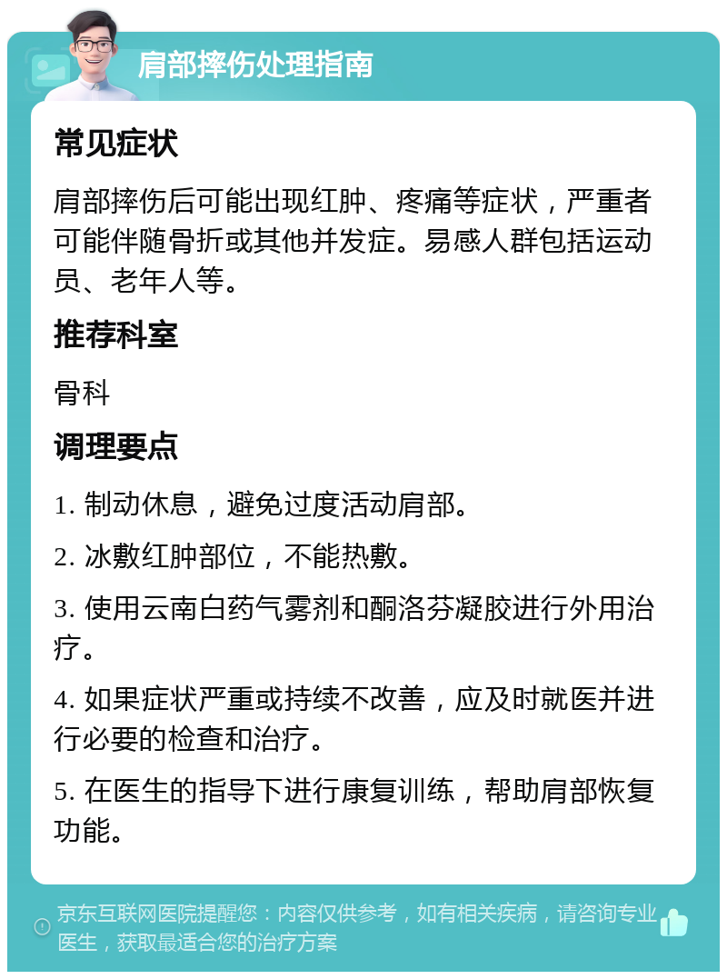 肩部摔伤处理指南 常见症状 肩部摔伤后可能出现红肿、疼痛等症状，严重者可能伴随骨折或其他并发症。易感人群包括运动员、老年人等。 推荐科室 骨科 调理要点 1. 制动休息，避免过度活动肩部。 2. 冰敷红肿部位，不能热敷。 3. 使用云南白药气雾剂和酮洛芬凝胶进行外用治疗。 4. 如果症状严重或持续不改善，应及时就医并进行必要的检查和治疗。 5. 在医生的指导下进行康复训练，帮助肩部恢复功能。