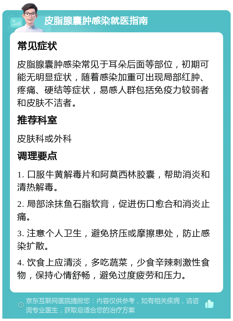 皮脂腺囊肿感染就医指南 常见症状 皮脂腺囊肿感染常见于耳朵后面等部位，初期可能无明显症状，随着感染加重可出现局部红肿、疼痛、硬结等症状，易感人群包括免疫力较弱者和皮肤不洁者。 推荐科室 皮肤科或外科 调理要点 1. 口服牛黄解毒片和阿莫西林胶囊，帮助消炎和清热解毒。 2. 局部涂抹鱼石脂软膏，促进伤口愈合和消炎止痛。 3. 注意个人卫生，避免挤压或摩擦患处，防止感染扩散。 4. 饮食上应清淡，多吃蔬菜，少食辛辣刺激性食物，保持心情舒畅，避免过度疲劳和压力。