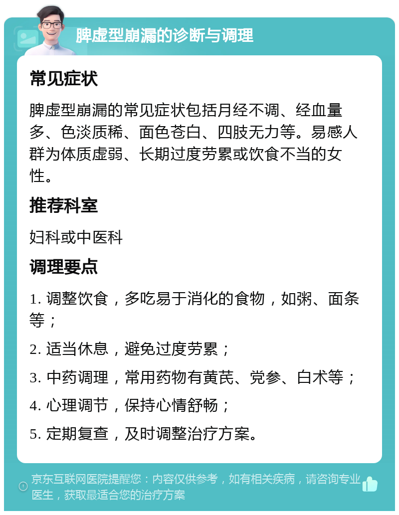 脾虚型崩漏的诊断与调理 常见症状 脾虚型崩漏的常见症状包括月经不调、经血量多、色淡质稀、面色苍白、四肢无力等。易感人群为体质虚弱、长期过度劳累或饮食不当的女性。 推荐科室 妇科或中医科 调理要点 1. 调整饮食，多吃易于消化的食物，如粥、面条等； 2. 适当休息，避免过度劳累； 3. 中药调理，常用药物有黄芪、党参、白术等； 4. 心理调节，保持心情舒畅； 5. 定期复查，及时调整治疗方案。