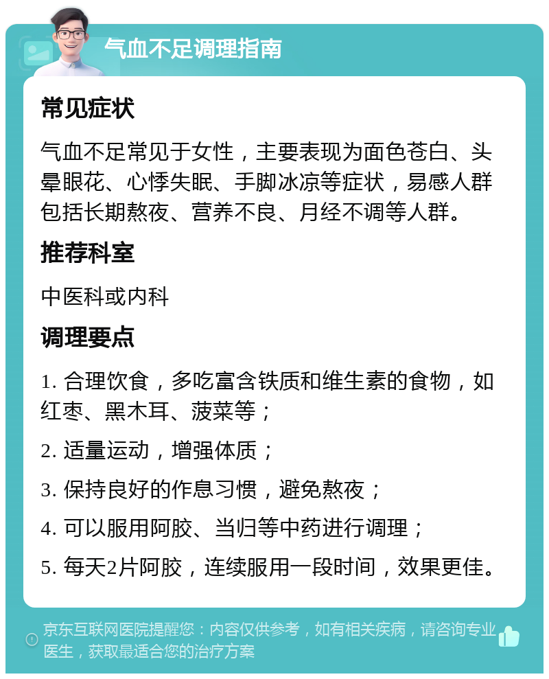 气血不足调理指南 常见症状 气血不足常见于女性，主要表现为面色苍白、头晕眼花、心悸失眠、手脚冰凉等症状，易感人群包括长期熬夜、营养不良、月经不调等人群。 推荐科室 中医科或内科 调理要点 1. 合理饮食，多吃富含铁质和维生素的食物，如红枣、黑木耳、菠菜等； 2. 适量运动，增强体质； 3. 保持良好的作息习惯，避免熬夜； 4. 可以服用阿胶、当归等中药进行调理； 5. 每天2片阿胶，连续服用一段时间，效果更佳。