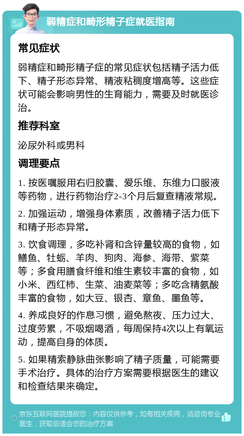 弱精症和畸形精子症就医指南 常见症状 弱精症和畸形精子症的常见症状包括精子活力低下、精子形态异常、精液粘稠度增高等。这些症状可能会影响男性的生育能力，需要及时就医诊治。 推荐科室 泌尿外科或男科 调理要点 1. 按医嘱服用右归胶囊、爱乐维、东维力口服液等药物，进行药物治疗2-3个月后复查精液常规。 2. 加强运动，增强身体素质，改善精子活力低下和精子形态异常。 3. 饮食调理，多吃补肾和含锌量较高的食物，如鳝鱼、牡蛎、羊肉、狗肉、海参、海带、紫菜等；多食用膳食纤维和维生素较丰富的食物，如小米、西红柿、生菜、油麦菜等；多吃含精氨酸丰富的食物，如大豆、银杏、章鱼、墨鱼等。 4. 养成良好的作息习惯，避免熬夜、压力过大、过度劳累，不吸烟喝酒，每周保持4次以上有氧运动，提高自身的体质。 5. 如果精索静脉曲张影响了精子质量，可能需要手术治疗。具体的治疗方案需要根据医生的建议和检查结果来确定。