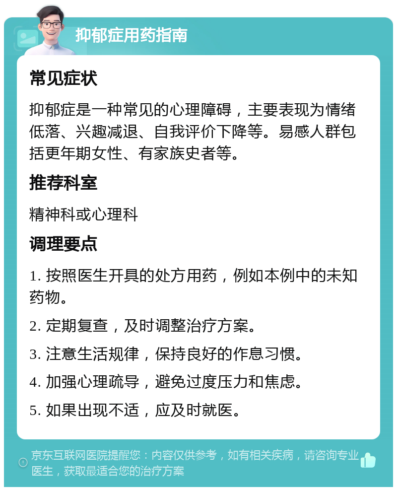 抑郁症用药指南 常见症状 抑郁症是一种常见的心理障碍，主要表现为情绪低落、兴趣减退、自我评价下降等。易感人群包括更年期女性、有家族史者等。 推荐科室 精神科或心理科 调理要点 1. 按照医生开具的处方用药，例如本例中的未知药物。 2. 定期复查，及时调整治疗方案。 3. 注意生活规律，保持良好的作息习惯。 4. 加强心理疏导，避免过度压力和焦虑。 5. 如果出现不适，应及时就医。