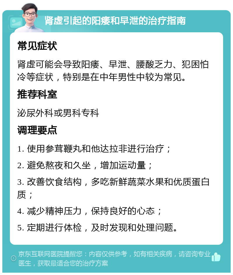 肾虚引起的阳痿和早泄的治疗指南 常见症状 肾虚可能会导致阳痿、早泄、腰酸乏力、犯困怕冷等症状，特别是在中年男性中较为常见。 推荐科室 泌尿外科或男科专科 调理要点 1. 使用参茸鞭丸和他达拉非进行治疗； 2. 避免熬夜和久坐，增加运动量； 3. 改善饮食结构，多吃新鲜蔬菜水果和优质蛋白质； 4. 减少精神压力，保持良好的心态； 5. 定期进行体检，及时发现和处理问题。