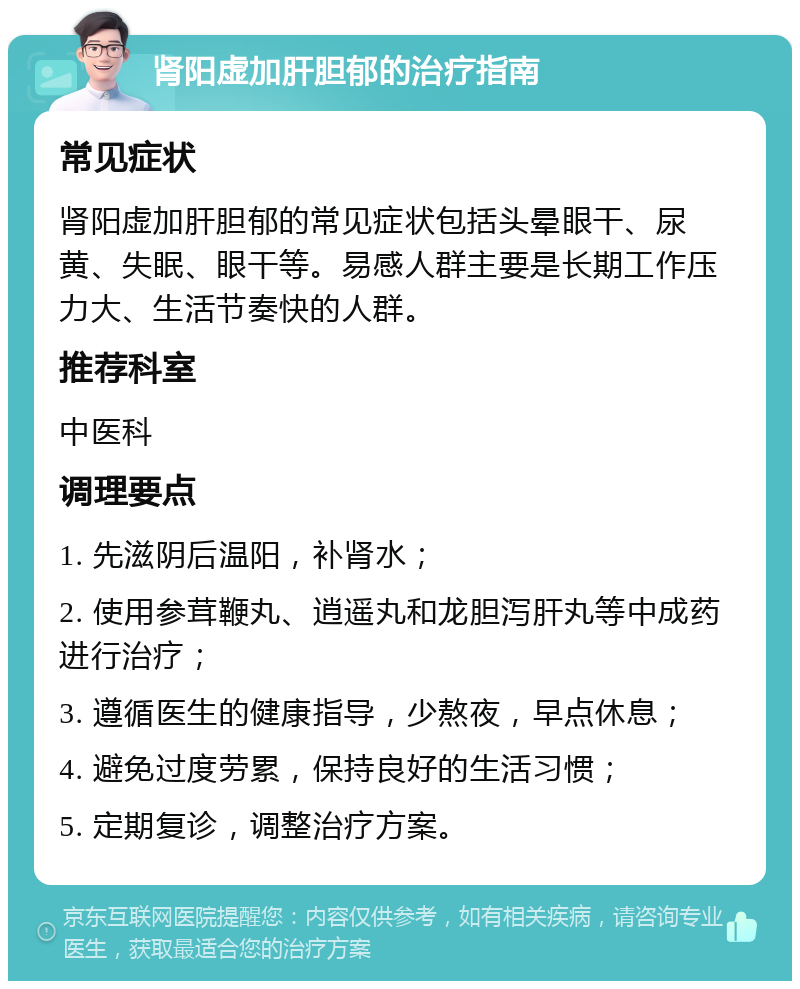 肾阳虚加肝胆郁的治疗指南 常见症状 肾阳虚加肝胆郁的常见症状包括头晕眼干、尿黄、失眠、眼干等。易感人群主要是长期工作压力大、生活节奏快的人群。 推荐科室 中医科 调理要点 1. 先滋阴后温阳，补肾水； 2. 使用参茸鞭丸、逍遥丸和龙胆泻肝丸等中成药进行治疗； 3. 遵循医生的健康指导，少熬夜，早点休息； 4. 避免过度劳累，保持良好的生活习惯； 5. 定期复诊，调整治疗方案。