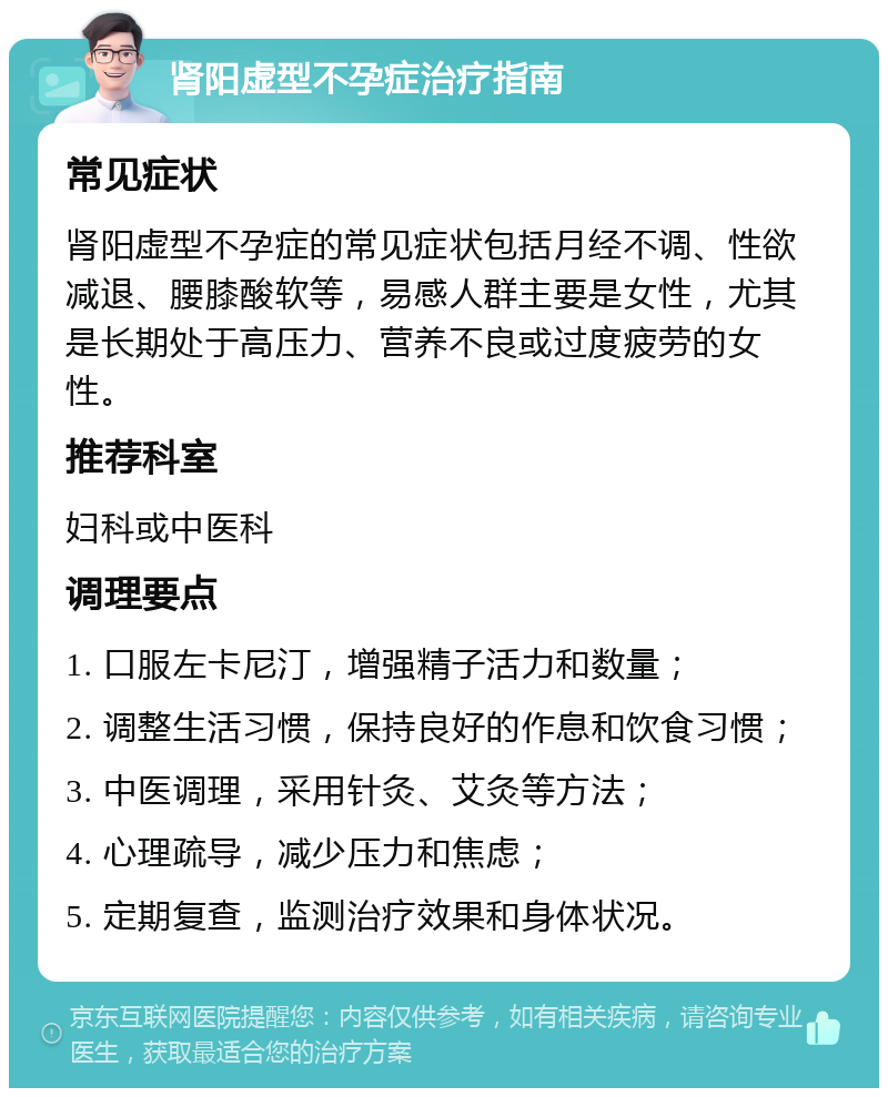 肾阳虚型不孕症治疗指南 常见症状 肾阳虚型不孕症的常见症状包括月经不调、性欲减退、腰膝酸软等，易感人群主要是女性，尤其是长期处于高压力、营养不良或过度疲劳的女性。 推荐科室 妇科或中医科 调理要点 1. 口服左卡尼汀，增强精子活力和数量； 2. 调整生活习惯，保持良好的作息和饮食习惯； 3. 中医调理，采用针灸、艾灸等方法； 4. 心理疏导，减少压力和焦虑； 5. 定期复查，监测治疗效果和身体状况。