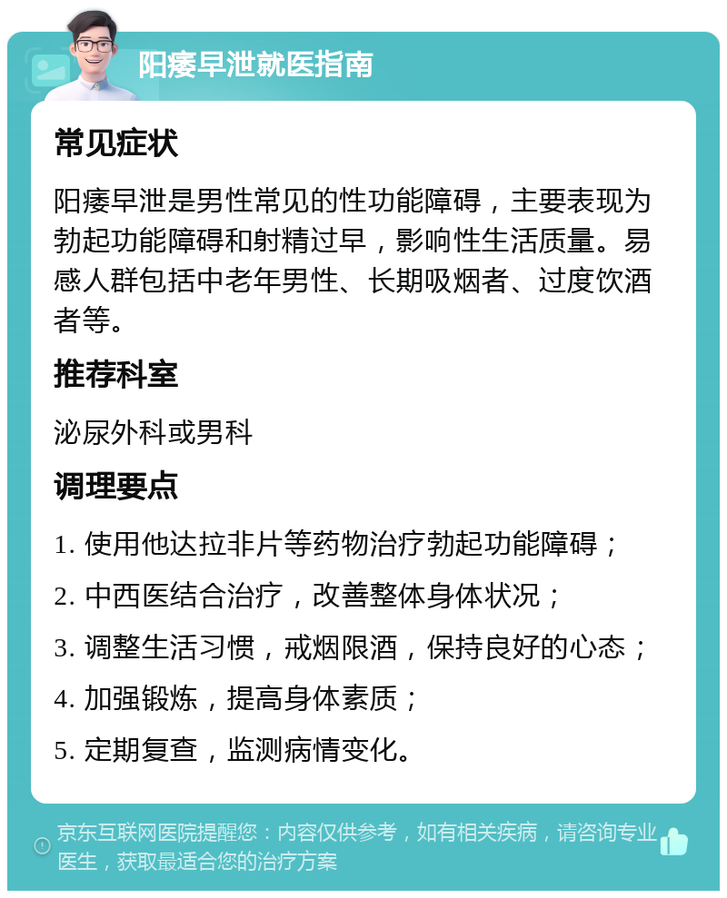 阳痿早泄就医指南 常见症状 阳痿早泄是男性常见的性功能障碍，主要表现为勃起功能障碍和射精过早，影响性生活质量。易感人群包括中老年男性、长期吸烟者、过度饮酒者等。 推荐科室 泌尿外科或男科 调理要点 1. 使用他达拉非片等药物治疗勃起功能障碍； 2. 中西医结合治疗，改善整体身体状况； 3. 调整生活习惯，戒烟限酒，保持良好的心态； 4. 加强锻炼，提高身体素质； 5. 定期复查，监测病情变化。