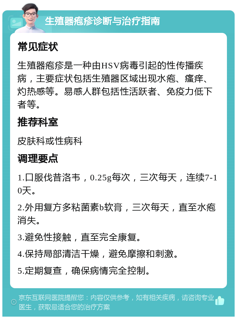 生殖器疱疹诊断与治疗指南 常见症状 生殖器疱疹是一种由HSV病毒引起的性传播疾病，主要症状包括生殖器区域出现水疱、瘙痒、灼热感等。易感人群包括性活跃者、免疫力低下者等。 推荐科室 皮肤科或性病科 调理要点 1.口服伐昔洛韦，0.25g每次，三次每天，连续7-10天。 2.外用复方多粘菌素b软膏，三次每天，直至水疱消失。 3.避免性接触，直至完全康复。 4.保持局部清洁干燥，避免摩擦和刺激。 5.定期复查，确保病情完全控制。