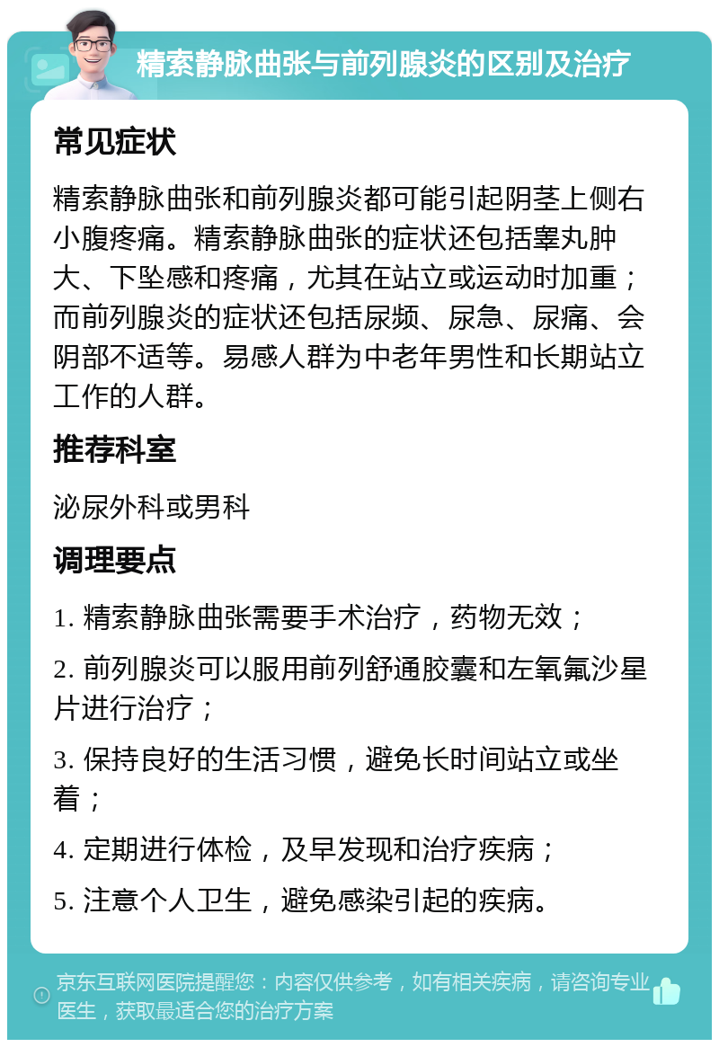 精索静脉曲张与前列腺炎的区别及治疗 常见症状 精索静脉曲张和前列腺炎都可能引起阴茎上侧右小腹疼痛。精索静脉曲张的症状还包括睾丸肿大、下坠感和疼痛，尤其在站立或运动时加重；而前列腺炎的症状还包括尿频、尿急、尿痛、会阴部不适等。易感人群为中老年男性和长期站立工作的人群。 推荐科室 泌尿外科或男科 调理要点 1. 精索静脉曲张需要手术治疗，药物无效； 2. 前列腺炎可以服用前列舒通胶囊和左氧氟沙星片进行治疗； 3. 保持良好的生活习惯，避免长时间站立或坐着； 4. 定期进行体检，及早发现和治疗疾病； 5. 注意个人卫生，避免感染引起的疾病。