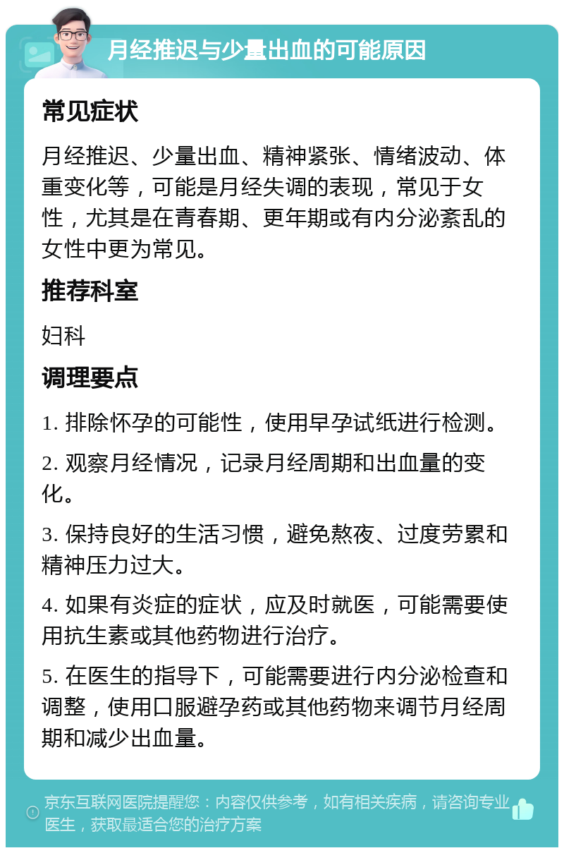 月经推迟与少量出血的可能原因 常见症状 月经推迟、少量出血、精神紧张、情绪波动、体重变化等，可能是月经失调的表现，常见于女性，尤其是在青春期、更年期或有内分泌紊乱的女性中更为常见。 推荐科室 妇科 调理要点 1. 排除怀孕的可能性，使用早孕试纸进行检测。 2. 观察月经情况，记录月经周期和出血量的变化。 3. 保持良好的生活习惯，避免熬夜、过度劳累和精神压力过大。 4. 如果有炎症的症状，应及时就医，可能需要使用抗生素或其他药物进行治疗。 5. 在医生的指导下，可能需要进行内分泌检查和调整，使用口服避孕药或其他药物来调节月经周期和减少出血量。