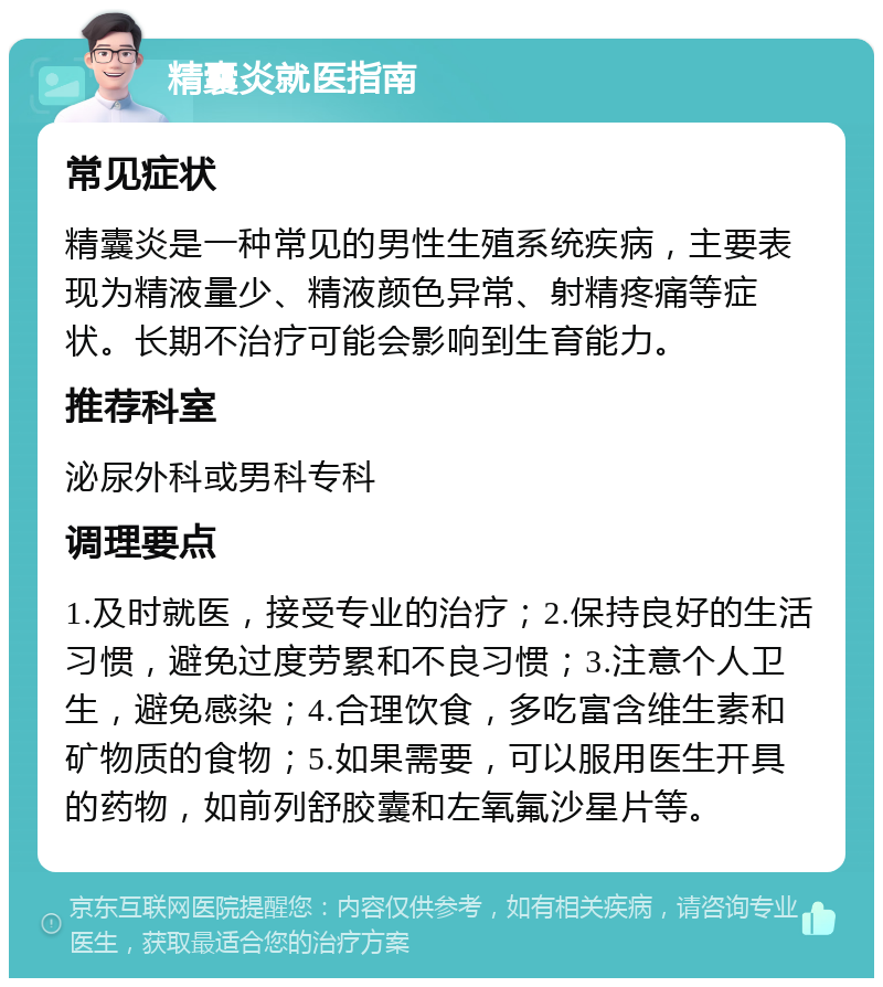 精囊炎就医指南 常见症状 精囊炎是一种常见的男性生殖系统疾病，主要表现为精液量少、精液颜色异常、射精疼痛等症状。长期不治疗可能会影响到生育能力。 推荐科室 泌尿外科或男科专科 调理要点 1.及时就医，接受专业的治疗；2.保持良好的生活习惯，避免过度劳累和不良习惯；3.注意个人卫生，避免感染；4.合理饮食，多吃富含维生素和矿物质的食物；5.如果需要，可以服用医生开具的药物，如前列舒胶囊和左氧氟沙星片等。