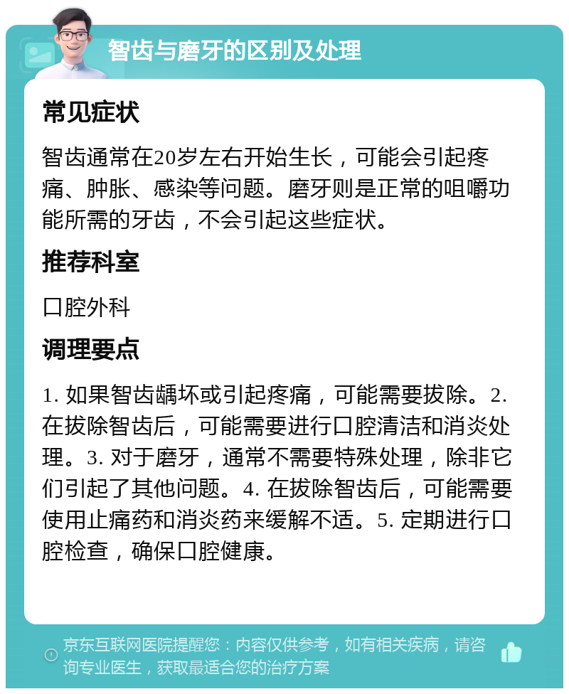 智齿与磨牙的区别及处理 常见症状 智齿通常在20岁左右开始生长，可能会引起疼痛、肿胀、感染等问题。磨牙则是正常的咀嚼功能所需的牙齿，不会引起这些症状。 推荐科室 口腔外科 调理要点 1. 如果智齿龋坏或引起疼痛，可能需要拔除。2. 在拔除智齿后，可能需要进行口腔清洁和消炎处理。3. 对于磨牙，通常不需要特殊处理，除非它们引起了其他问题。4. 在拔除智齿后，可能需要使用止痛药和消炎药来缓解不适。5. 定期进行口腔检查，确保口腔健康。