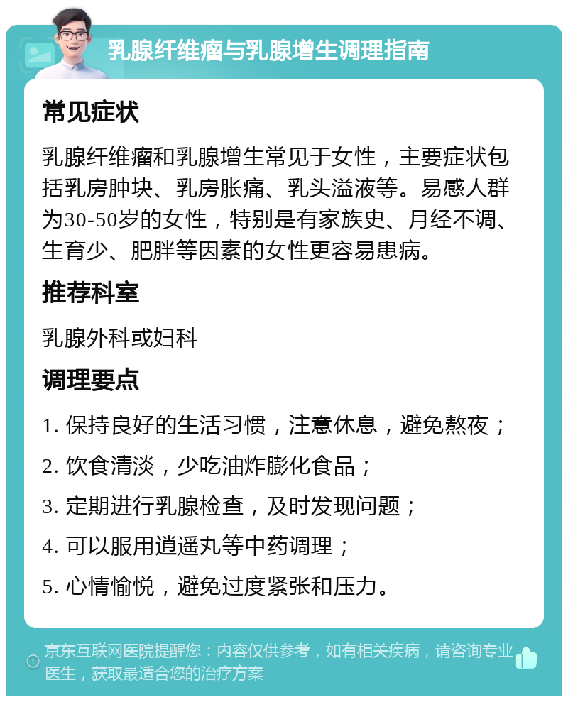 乳腺纤维瘤与乳腺增生调理指南 常见症状 乳腺纤维瘤和乳腺增生常见于女性，主要症状包括乳房肿块、乳房胀痛、乳头溢液等。易感人群为30-50岁的女性，特别是有家族史、月经不调、生育少、肥胖等因素的女性更容易患病。 推荐科室 乳腺外科或妇科 调理要点 1. 保持良好的生活习惯，注意休息，避免熬夜； 2. 饮食清淡，少吃油炸膨化食品； 3. 定期进行乳腺检查，及时发现问题； 4. 可以服用逍遥丸等中药调理； 5. 心情愉悦，避免过度紧张和压力。