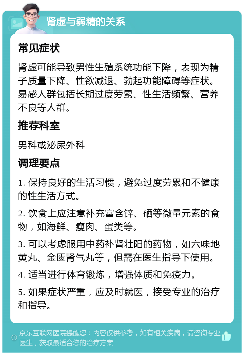 肾虚与弱精的关系 常见症状 肾虚可能导致男性生殖系统功能下降，表现为精子质量下降、性欲减退、勃起功能障碍等症状。易感人群包括长期过度劳累、性生活频繁、营养不良等人群。 推荐科室 男科或泌尿外科 调理要点 1. 保持良好的生活习惯，避免过度劳累和不健康的性生活方式。 2. 饮食上应注意补充富含锌、硒等微量元素的食物，如海鲜、瘦肉、蛋类等。 3. 可以考虑服用中药补肾壮阳的药物，如六味地黄丸、金匮肾气丸等，但需在医生指导下使用。 4. 适当进行体育锻炼，增强体质和免疫力。 5. 如果症状严重，应及时就医，接受专业的治疗和指导。