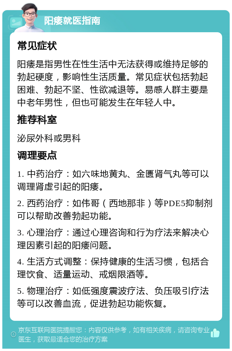 阳痿就医指南 常见症状 阳痿是指男性在性生活中无法获得或维持足够的勃起硬度，影响性生活质量。常见症状包括勃起困难、勃起不坚、性欲减退等。易感人群主要是中老年男性，但也可能发生在年轻人中。 推荐科室 泌尿外科或男科 调理要点 1. 中药治疗：如六味地黄丸、金匮肾气丸等可以调理肾虚引起的阳痿。 2. 西药治疗：如伟哥（西地那非）等PDE5抑制剂可以帮助改善勃起功能。 3. 心理治疗：通过心理咨询和行为疗法来解决心理因素引起的阳痿问题。 4. 生活方式调整：保持健康的生活习惯，包括合理饮食、适量运动、戒烟限酒等。 5. 物理治疗：如低强度震波疗法、负压吸引疗法等可以改善血流，促进勃起功能恢复。