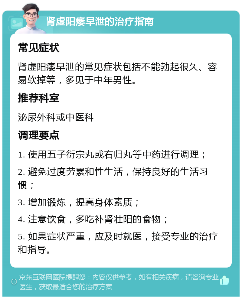 肾虚阳痿早泄的治疗指南 常见症状 肾虚阳痿早泄的常见症状包括不能勃起很久、容易软掉等，多见于中年男性。 推荐科室 泌尿外科或中医科 调理要点 1. 使用五子衍宗丸或右归丸等中药进行调理； 2. 避免过度劳累和性生活，保持良好的生活习惯； 3. 增加锻炼，提高身体素质； 4. 注意饮食，多吃补肾壮阳的食物； 5. 如果症状严重，应及时就医，接受专业的治疗和指导。