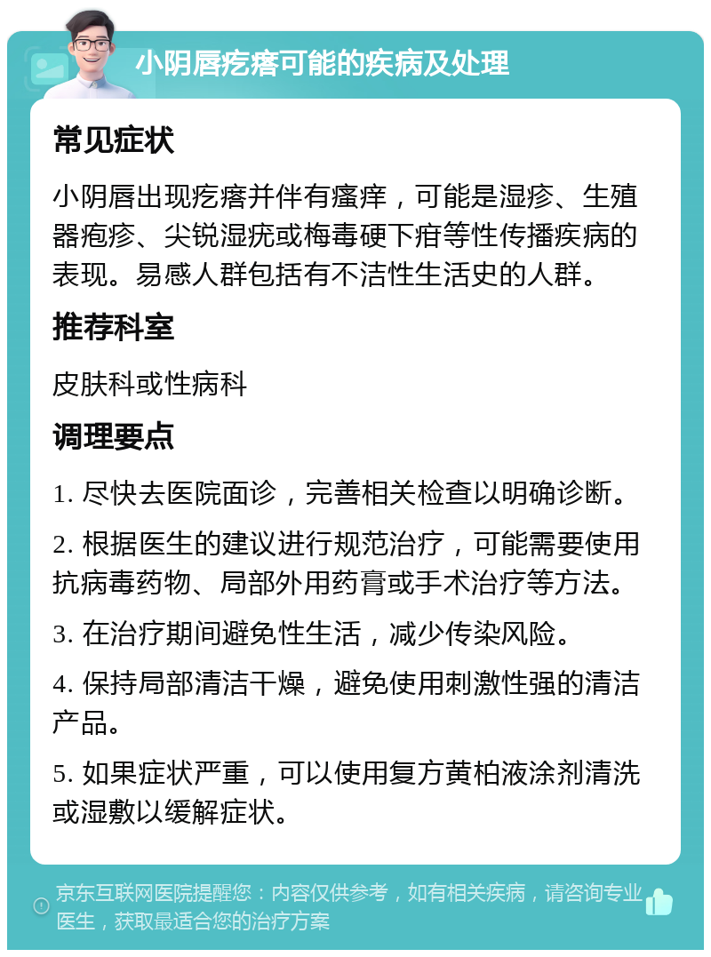 小阴唇疙瘩可能的疾病及处理 常见症状 小阴唇出现疙瘩并伴有瘙痒，可能是湿疹、生殖器疱疹、尖锐湿疣或梅毒硬下疳等性传播疾病的表现。易感人群包括有不洁性生活史的人群。 推荐科室 皮肤科或性病科 调理要点 1. 尽快去医院面诊，完善相关检查以明确诊断。 2. 根据医生的建议进行规范治疗，可能需要使用抗病毒药物、局部外用药膏或手术治疗等方法。 3. 在治疗期间避免性生活，减少传染风险。 4. 保持局部清洁干燥，避免使用刺激性强的清洁产品。 5. 如果症状严重，可以使用复方黄柏液涂剂清洗或湿敷以缓解症状。