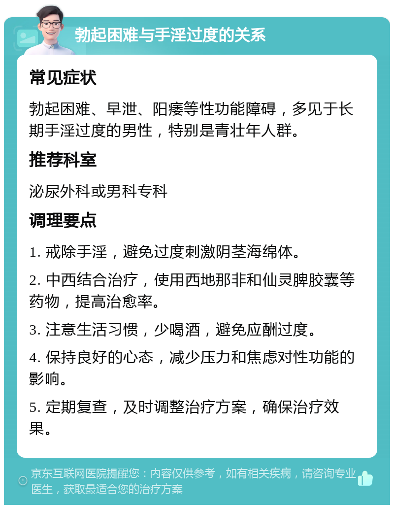 勃起困难与手淫过度的关系 常见症状 勃起困难、早泄、阳痿等性功能障碍，多见于长期手淫过度的男性，特别是青壮年人群。 推荐科室 泌尿外科或男科专科 调理要点 1. 戒除手淫，避免过度刺激阴茎海绵体。 2. 中西结合治疗，使用西地那非和仙灵脾胶囊等药物，提高治愈率。 3. 注意生活习惯，少喝酒，避免应酬过度。 4. 保持良好的心态，减少压力和焦虑对性功能的影响。 5. 定期复查，及时调整治疗方案，确保治疗效果。