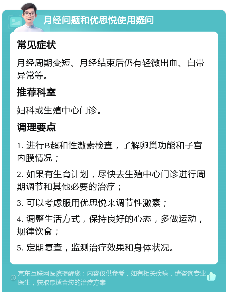 月经问题和优思悦使用疑问 常见症状 月经周期变短、月经结束后仍有轻微出血、白带异常等。 推荐科室 妇科或生殖中心门诊。 调理要点 1. 进行B超和性激素检查，了解卵巢功能和子宫内膜情况； 2. 如果有生育计划，尽快去生殖中心门诊进行周期调节和其他必要的治疗； 3. 可以考虑服用优思悦来调节性激素； 4. 调整生活方式，保持良好的心态，多做运动，规律饮食； 5. 定期复查，监测治疗效果和身体状况。