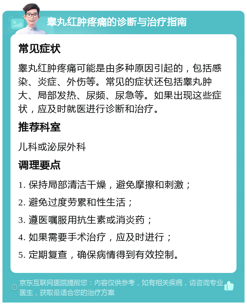 睾丸红肿疼痛的诊断与治疗指南 常见症状 睾丸红肿疼痛可能是由多种原因引起的，包括感染、炎症、外伤等。常见的症状还包括睾丸肿大、局部发热、尿频、尿急等。如果出现这些症状，应及时就医进行诊断和治疗。 推荐科室 儿科或泌尿外科 调理要点 1. 保持局部清洁干燥，避免摩擦和刺激； 2. 避免过度劳累和性生活； 3. 遵医嘱服用抗生素或消炎药； 4. 如果需要手术治疗，应及时进行； 5. 定期复查，确保病情得到有效控制。