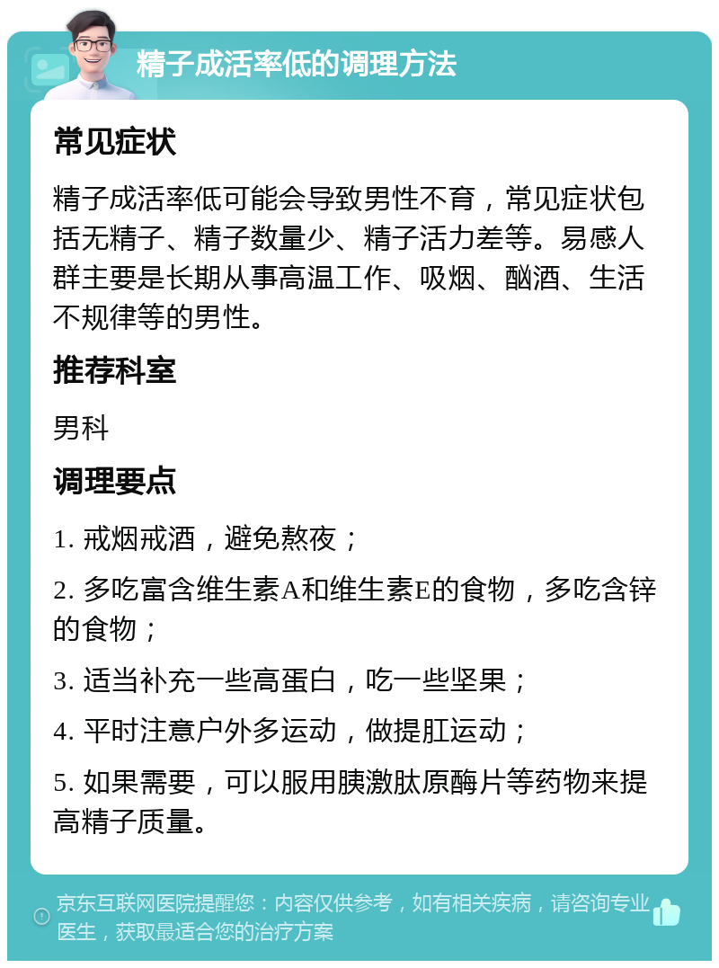 精子成活率低的调理方法 常见症状 精子成活率低可能会导致男性不育，常见症状包括无精子、精子数量少、精子活力差等。易感人群主要是长期从事高温工作、吸烟、酗酒、生活不规律等的男性。 推荐科室 男科 调理要点 1. 戒烟戒酒，避免熬夜； 2. 多吃富含维生素A和维生素E的食物，多吃含锌的食物； 3. 适当补充一些高蛋白，吃一些坚果； 4. 平时注意户外多运动，做提肛运动； 5. 如果需要，可以服用胰激肽原酶片等药物来提高精子质量。