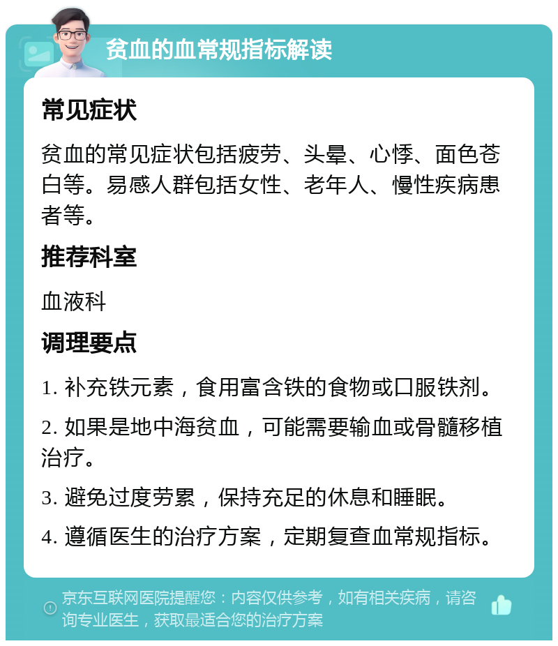 贫血的血常规指标解读 常见症状 贫血的常见症状包括疲劳、头晕、心悸、面色苍白等。易感人群包括女性、老年人、慢性疾病患者等。 推荐科室 血液科 调理要点 1. 补充铁元素，食用富含铁的食物或口服铁剂。 2. 如果是地中海贫血，可能需要输血或骨髓移植治疗。 3. 避免过度劳累，保持充足的休息和睡眠。 4. 遵循医生的治疗方案，定期复查血常规指标。