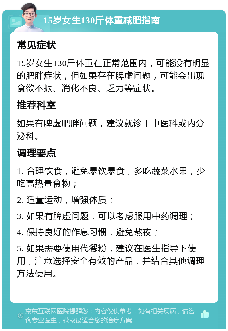 15岁女生130斤体重减肥指南 常见症状 15岁女生130斤体重在正常范围内，可能没有明显的肥胖症状，但如果存在脾虚问题，可能会出现食欲不振、消化不良、乏力等症状。 推荐科室 如果有脾虚肥胖问题，建议就诊于中医科或内分泌科。 调理要点 1. 合理饮食，避免暴饮暴食，多吃蔬菜水果，少吃高热量食物； 2. 适量运动，增强体质； 3. 如果有脾虚问题，可以考虑服用中药调理； 4. 保持良好的作息习惯，避免熬夜； 5. 如果需要使用代餐粉，建议在医生指导下使用，注意选择安全有效的产品，并结合其他调理方法使用。