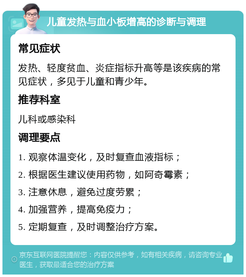 儿童发热与血小板增高的诊断与调理 常见症状 发热、轻度贫血、炎症指标升高等是该疾病的常见症状，多见于儿童和青少年。 推荐科室 儿科或感染科 调理要点 1. 观察体温变化，及时复查血液指标； 2. 根据医生建议使用药物，如阿奇霉素； 3. 注意休息，避免过度劳累； 4. 加强营养，提高免疫力； 5. 定期复查，及时调整治疗方案。