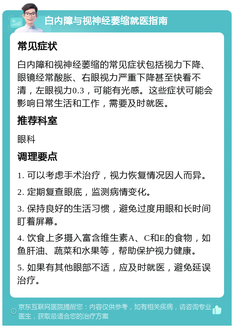 白内障与视神经萎缩就医指南 常见症状 白内障和视神经萎缩的常见症状包括视力下降、眼镜经常酸胀、右眼视力严重下降甚至快看不清，左眼视力0.3，可能有光感。这些症状可能会影响日常生活和工作，需要及时就医。 推荐科室 眼科 调理要点 1. 可以考虑手术治疗，视力恢复情况因人而异。 2. 定期复查眼底，监测病情变化。 3. 保持良好的生活习惯，避免过度用眼和长时间盯着屏幕。 4. 饮食上多摄入富含维生素A、C和E的食物，如鱼肝油、蔬菜和水果等，帮助保护视力健康。 5. 如果有其他眼部不适，应及时就医，避免延误治疗。