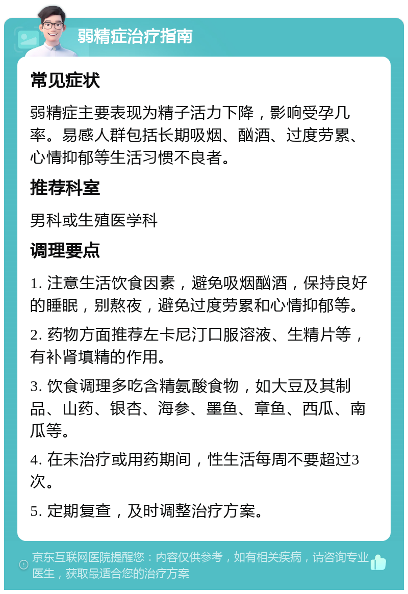 弱精症治疗指南 常见症状 弱精症主要表现为精子活力下降，影响受孕几率。易感人群包括长期吸烟、酗酒、过度劳累、心情抑郁等生活习惯不良者。 推荐科室 男科或生殖医学科 调理要点 1. 注意生活饮食因素，避免吸烟酗酒，保持良好的睡眠，别熬夜，避免过度劳累和心情抑郁等。 2. 药物方面推荐左卡尼汀口服溶液、生精片等，有补肾填精的作用。 3. 饮食调理多吃含精氨酸食物，如大豆及其制品、山药、银杏、海参、墨鱼、章鱼、西瓜、南瓜等。 4. 在未治疗或用药期间，性生活每周不要超过3次。 5. 定期复查，及时调整治疗方案。