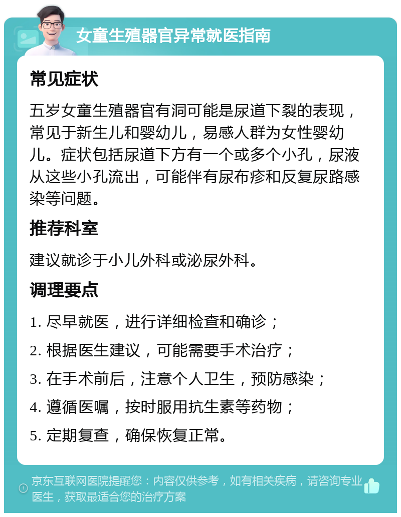 女童生殖器官异常就医指南 常见症状 五岁女童生殖器官有洞可能是尿道下裂的表现，常见于新生儿和婴幼儿，易感人群为女性婴幼儿。症状包括尿道下方有一个或多个小孔，尿液从这些小孔流出，可能伴有尿布疹和反复尿路感染等问题。 推荐科室 建议就诊于小儿外科或泌尿外科。 调理要点 1. 尽早就医，进行详细检查和确诊； 2. 根据医生建议，可能需要手术治疗； 3. 在手术前后，注意个人卫生，预防感染； 4. 遵循医嘱，按时服用抗生素等药物； 5. 定期复查，确保恢复正常。