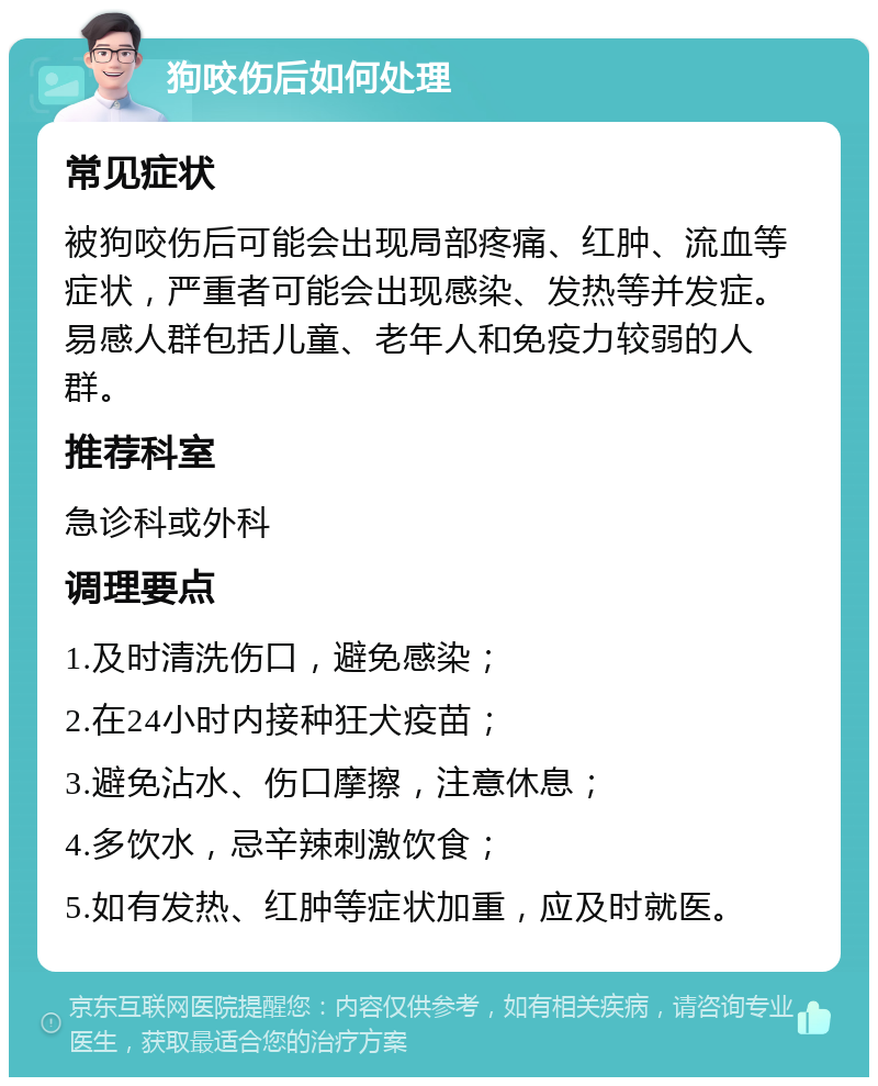 狗咬伤后如何处理 常见症状 被狗咬伤后可能会出现局部疼痛、红肿、流血等症状，严重者可能会出现感染、发热等并发症。易感人群包括儿童、老年人和免疫力较弱的人群。 推荐科室 急诊科或外科 调理要点 1.及时清洗伤口，避免感染； 2.在24小时内接种狂犬疫苗； 3.避免沾水、伤口摩擦，注意休息； 4.多饮水，忌辛辣刺激饮食； 5.如有发热、红肿等症状加重，应及时就医。