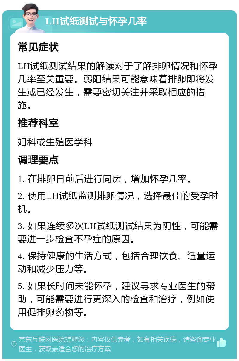 LH试纸测试与怀孕几率 常见症状 LH试纸测试结果的解读对于了解排卵情况和怀孕几率至关重要。弱阳结果可能意味着排卵即将发生或已经发生，需要密切关注并采取相应的措施。 推荐科室 妇科或生殖医学科 调理要点 1. 在排卵日前后进行同房，增加怀孕几率。 2. 使用LH试纸监测排卵情况，选择最佳的受孕时机。 3. 如果连续多次LH试纸测试结果为阴性，可能需要进一步检查不孕症的原因。 4. 保持健康的生活方式，包括合理饮食、适量运动和减少压力等。 5. 如果长时间未能怀孕，建议寻求专业医生的帮助，可能需要进行更深入的检查和治疗，例如使用促排卵药物等。