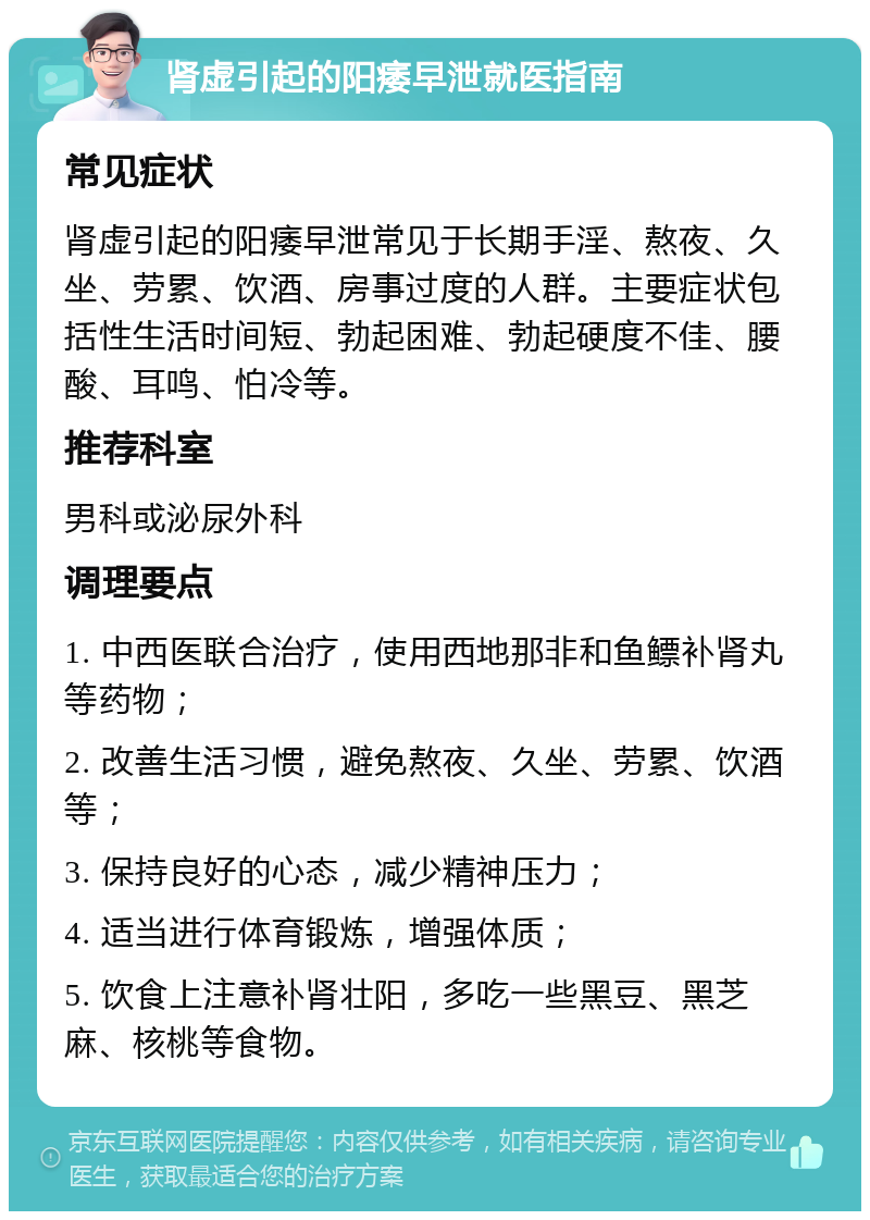 肾虚引起的阳痿早泄就医指南 常见症状 肾虚引起的阳痿早泄常见于长期手淫、熬夜、久坐、劳累、饮酒、房事过度的人群。主要症状包括性生活时间短、勃起困难、勃起硬度不佳、腰酸、耳鸣、怕冷等。 推荐科室 男科或泌尿外科 调理要点 1. 中西医联合治疗，使用西地那非和鱼鳔补肾丸等药物； 2. 改善生活习惯，避免熬夜、久坐、劳累、饮酒等； 3. 保持良好的心态，减少精神压力； 4. 适当进行体育锻炼，增强体质； 5. 饮食上注意补肾壮阳，多吃一些黑豆、黑芝麻、核桃等食物。