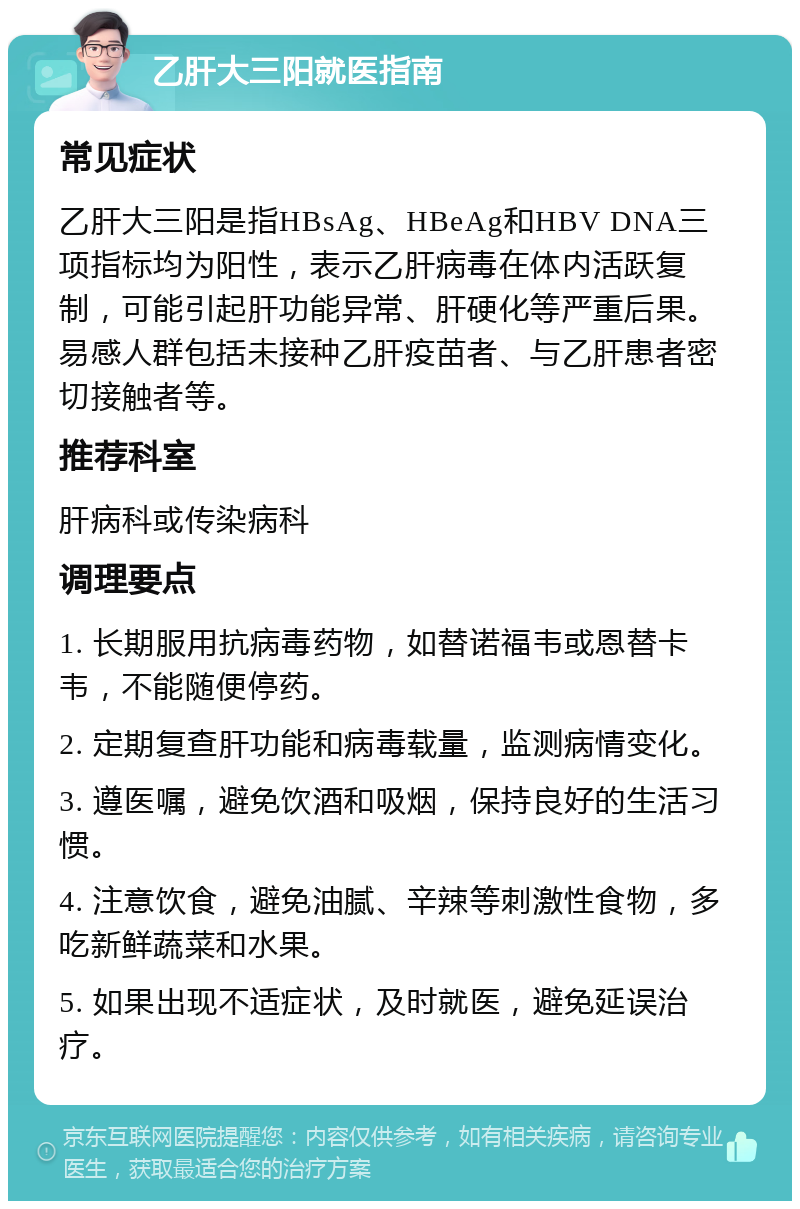 乙肝大三阳就医指南 常见症状 乙肝大三阳是指HBsAg、HBeAg和HBV DNA三项指标均为阳性，表示乙肝病毒在体内活跃复制，可能引起肝功能异常、肝硬化等严重后果。易感人群包括未接种乙肝疫苗者、与乙肝患者密切接触者等。 推荐科室 肝病科或传染病科 调理要点 1. 长期服用抗病毒药物，如替诺福韦或恩替卡韦，不能随便停药。 2. 定期复查肝功能和病毒载量，监测病情变化。 3. 遵医嘱，避免饮酒和吸烟，保持良好的生活习惯。 4. 注意饮食，避免油腻、辛辣等刺激性食物，多吃新鲜蔬菜和水果。 5. 如果出现不适症状，及时就医，避免延误治疗。