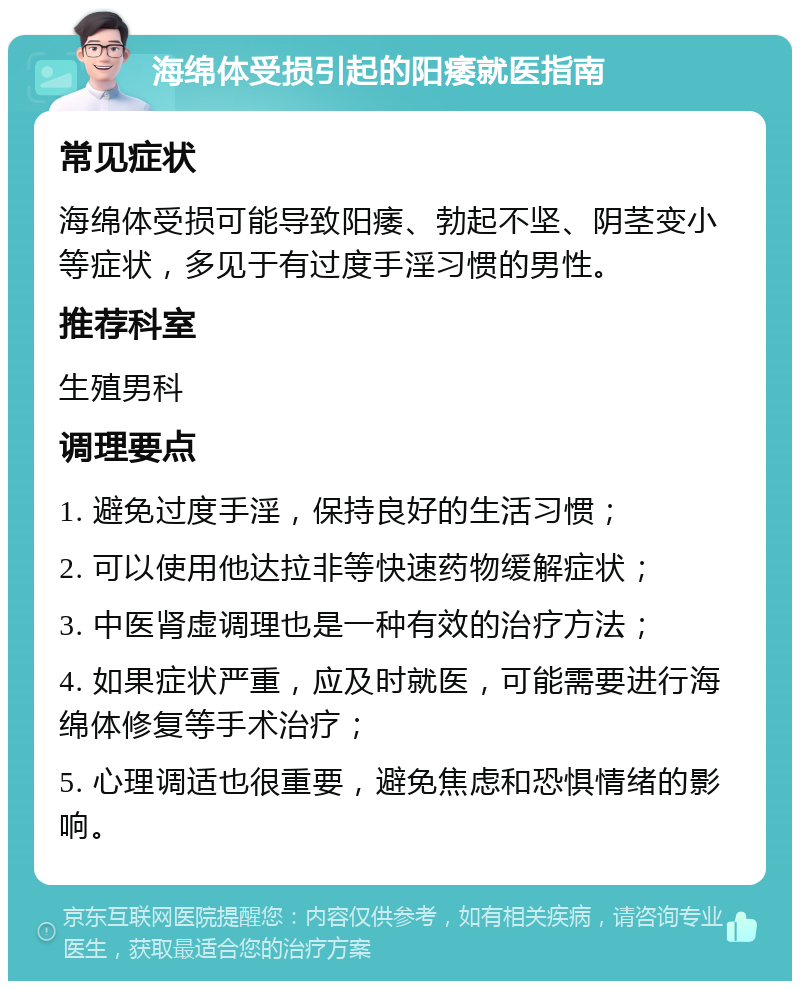 海绵体受损引起的阳痿就医指南 常见症状 海绵体受损可能导致阳痿、勃起不坚、阴茎变小等症状，多见于有过度手淫习惯的男性。 推荐科室 生殖男科 调理要点 1. 避免过度手淫，保持良好的生活习惯； 2. 可以使用他达拉非等快速药物缓解症状； 3. 中医肾虚调理也是一种有效的治疗方法； 4. 如果症状严重，应及时就医，可能需要进行海绵体修复等手术治疗； 5. 心理调适也很重要，避免焦虑和恐惧情绪的影响。