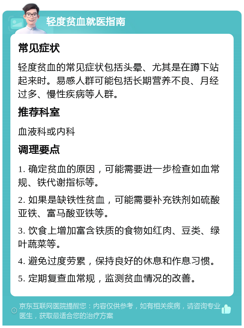 轻度贫血就医指南 常见症状 轻度贫血的常见症状包括头晕、尤其是在蹲下站起来时。易感人群可能包括长期营养不良、月经过多、慢性疾病等人群。 推荐科室 血液科或内科 调理要点 1. 确定贫血的原因，可能需要进一步检查如血常规、铁代谢指标等。 2. 如果是缺铁性贫血，可能需要补充铁剂如硫酸亚铁、富马酸亚铁等。 3. 饮食上增加富含铁质的食物如红肉、豆类、绿叶蔬菜等。 4. 避免过度劳累，保持良好的休息和作息习惯。 5. 定期复查血常规，监测贫血情况的改善。