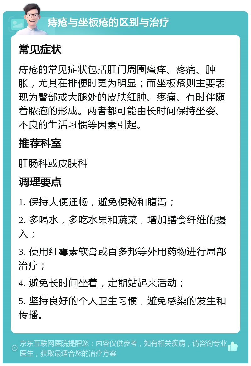 痔疮与坐板疮的区别与治疗 常见症状 痔疮的常见症状包括肛门周围瘙痒、疼痛、肿胀，尤其在排便时更为明显；而坐板疮则主要表现为臀部或大腿处的皮肤红肿、疼痛、有时伴随着脓疱的形成。两者都可能由长时间保持坐姿、不良的生活习惯等因素引起。 推荐科室 肛肠科或皮肤科 调理要点 1. 保持大便通畅，避免便秘和腹泻； 2. 多喝水，多吃水果和蔬菜，增加膳食纤维的摄入； 3. 使用红霉素软膏或百多邦等外用药物进行局部治疗； 4. 避免长时间坐着，定期站起来活动； 5. 坚持良好的个人卫生习惯，避免感染的发生和传播。