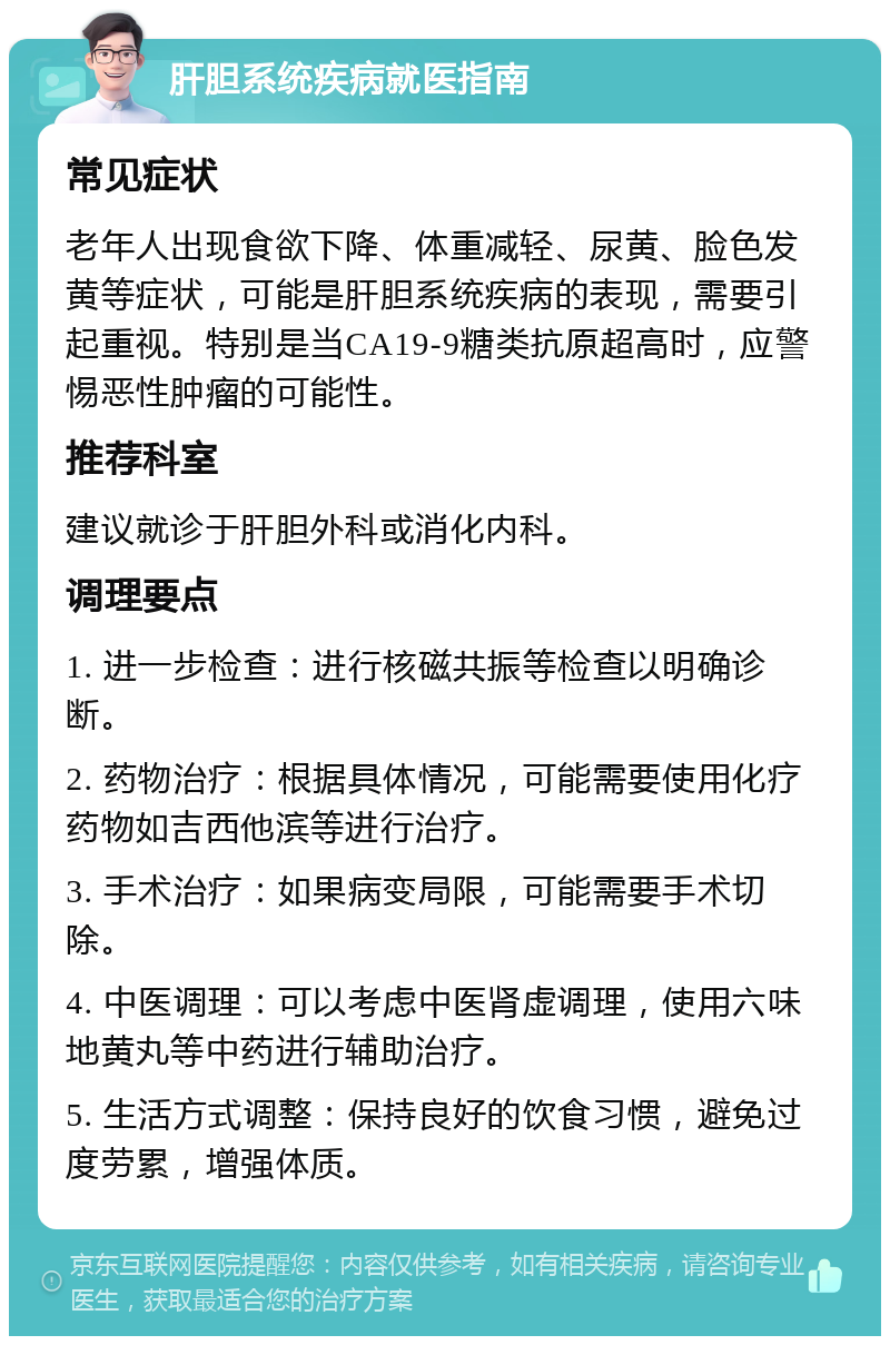 肝胆系统疾病就医指南 常见症状 老年人出现食欲下降、体重减轻、尿黄、脸色发黄等症状，可能是肝胆系统疾病的表现，需要引起重视。特别是当CA19-9糖类抗原超高时，应警惕恶性肿瘤的可能性。 推荐科室 建议就诊于肝胆外科或消化内科。 调理要点 1. 进一步检查：进行核磁共振等检查以明确诊断。 2. 药物治疗：根据具体情况，可能需要使用化疗药物如吉西他滨等进行治疗。 3. 手术治疗：如果病变局限，可能需要手术切除。 4. 中医调理：可以考虑中医肾虚调理，使用六味地黄丸等中药进行辅助治疗。 5. 生活方式调整：保持良好的饮食习惯，避免过度劳累，增强体质。