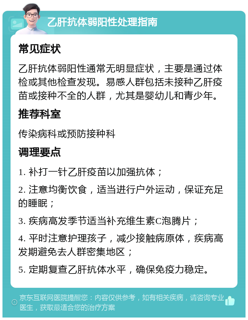 乙肝抗体弱阳性处理指南 常见症状 乙肝抗体弱阳性通常无明显症状，主要是通过体检或其他检查发现。易感人群包括未接种乙肝疫苗或接种不全的人群，尤其是婴幼儿和青少年。 推荐科室 传染病科或预防接种科 调理要点 1. 补打一针乙肝疫苗以加强抗体； 2. 注意均衡饮食，适当进行户外运动，保证充足的睡眠； 3. 疾病高发季节适当补充维生素C泡腾片； 4. 平时注意护理孩子，减少接触病原体，疾病高发期避免去人群密集地区； 5. 定期复查乙肝抗体水平，确保免疫力稳定。