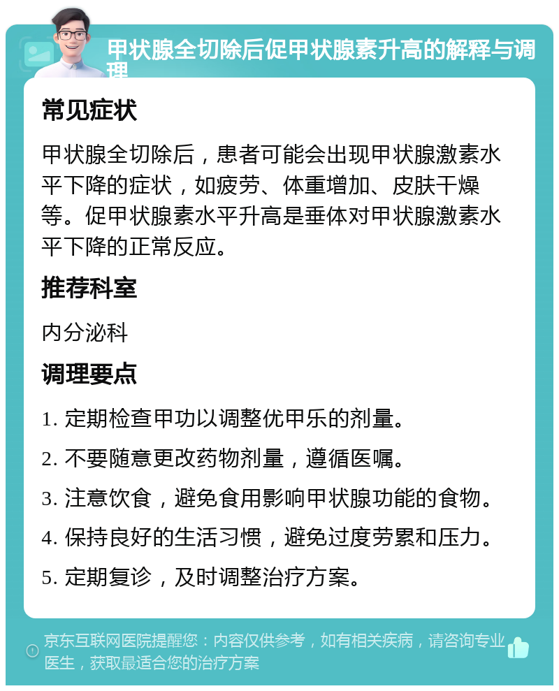 甲状腺全切除后促甲状腺素升高的解释与调理 常见症状 甲状腺全切除后，患者可能会出现甲状腺激素水平下降的症状，如疲劳、体重增加、皮肤干燥等。促甲状腺素水平升高是垂体对甲状腺激素水平下降的正常反应。 推荐科室 内分泌科 调理要点 1. 定期检查甲功以调整优甲乐的剂量。 2. 不要随意更改药物剂量，遵循医嘱。 3. 注意饮食，避免食用影响甲状腺功能的食物。 4. 保持良好的生活习惯，避免过度劳累和压力。 5. 定期复诊，及时调整治疗方案。