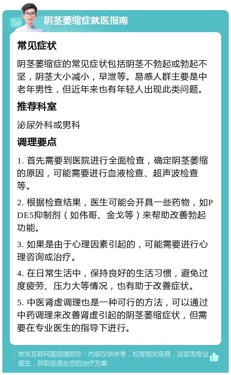 阴茎萎缩症就医指南 常见症状 阴茎萎缩症的常见症状包括阴茎不勃起或勃起不坚，阴茎大小减小，早泄等。易感人群主要是中老年男性，但近年来也有年轻人出现此类问题。 推荐科室 泌尿外科或男科 调理要点 1. 首先需要到医院进行全面检查，确定阴茎萎缩的原因，可能需要进行血液检查、超声波检查等。 2. 根据检查结果，医生可能会开具一些药物，如PDE5抑制剂（如伟哥、金戈等）来帮助改善勃起功能。 3. 如果是由于心理因素引起的，可能需要进行心理咨询或治疗。 4. 在日常生活中，保持良好的生活习惯，避免过度疲劳、压力大等情况，也有助于改善症状。 5. 中医肾虚调理也是一种可行的方法，可以通过中药调理来改善肾虚引起的阴茎萎缩症状，但需要在专业医生的指导下进行。