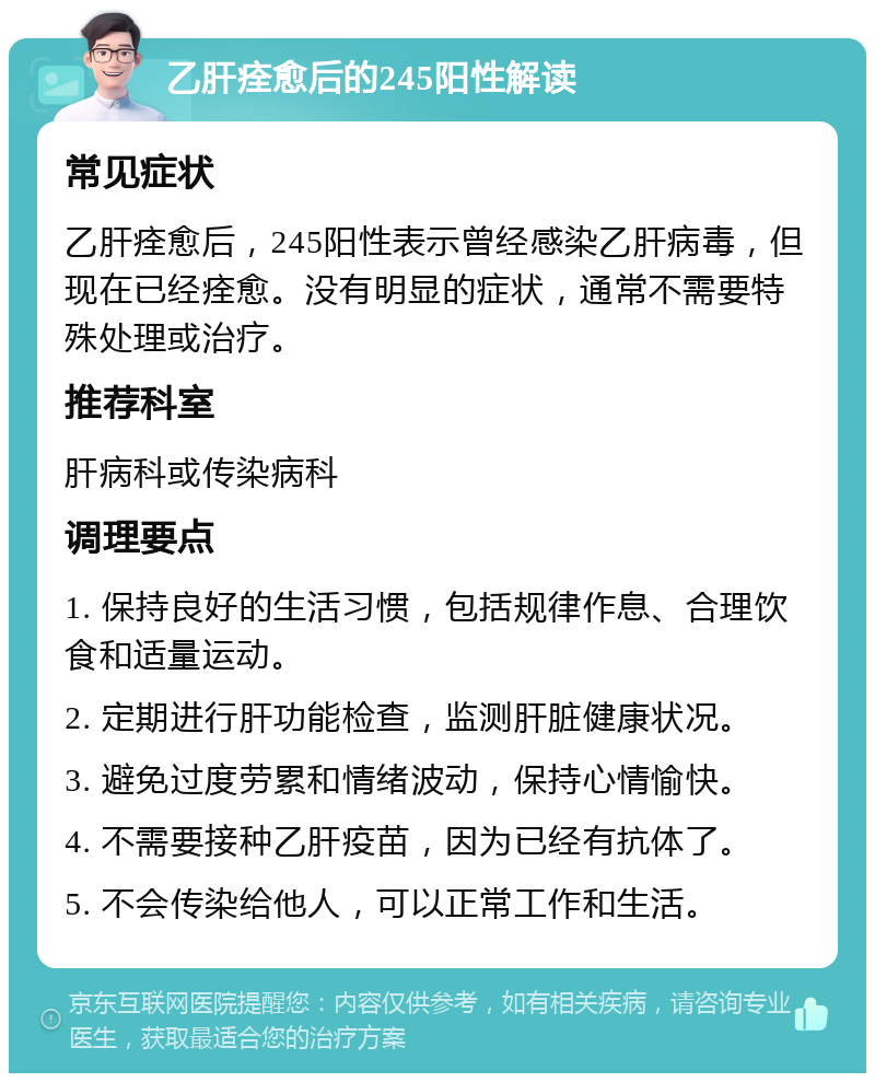 乙肝痊愈后的245阳性解读 常见症状 乙肝痊愈后，245阳性表示曾经感染乙肝病毒，但现在已经痊愈。没有明显的症状，通常不需要特殊处理或治疗。 推荐科室 肝病科或传染病科 调理要点 1. 保持良好的生活习惯，包括规律作息、合理饮食和适量运动。 2. 定期进行肝功能检查，监测肝脏健康状况。 3. 避免过度劳累和情绪波动，保持心情愉快。 4. 不需要接种乙肝疫苗，因为已经有抗体了。 5. 不会传染给他人，可以正常工作和生活。