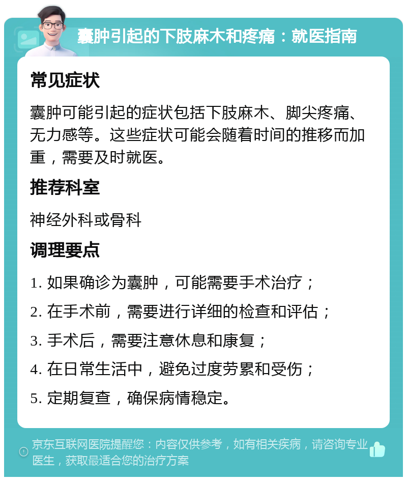 囊肿引起的下肢麻木和疼痛：就医指南 常见症状 囊肿可能引起的症状包括下肢麻木、脚尖疼痛、无力感等。这些症状可能会随着时间的推移而加重，需要及时就医。 推荐科室 神经外科或骨科 调理要点 1. 如果确诊为囊肿，可能需要手术治疗； 2. 在手术前，需要进行详细的检查和评估； 3. 手术后，需要注意休息和康复； 4. 在日常生活中，避免过度劳累和受伤； 5. 定期复查，确保病情稳定。