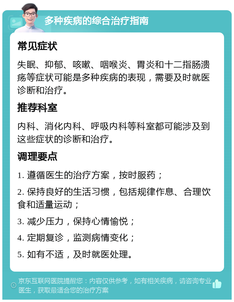 多种疾病的综合治疗指南 常见症状 失眠、抑郁、咳嗽、咽喉炎、胃炎和十二指肠溃疡等症状可能是多种疾病的表现，需要及时就医诊断和治疗。 推荐科室 内科、消化内科、呼吸内科等科室都可能涉及到这些症状的诊断和治疗。 调理要点 1. 遵循医生的治疗方案，按时服药； 2. 保持良好的生活习惯，包括规律作息、合理饮食和适量运动； 3. 减少压力，保持心情愉悦； 4. 定期复诊，监测病情变化； 5. 如有不适，及时就医处理。