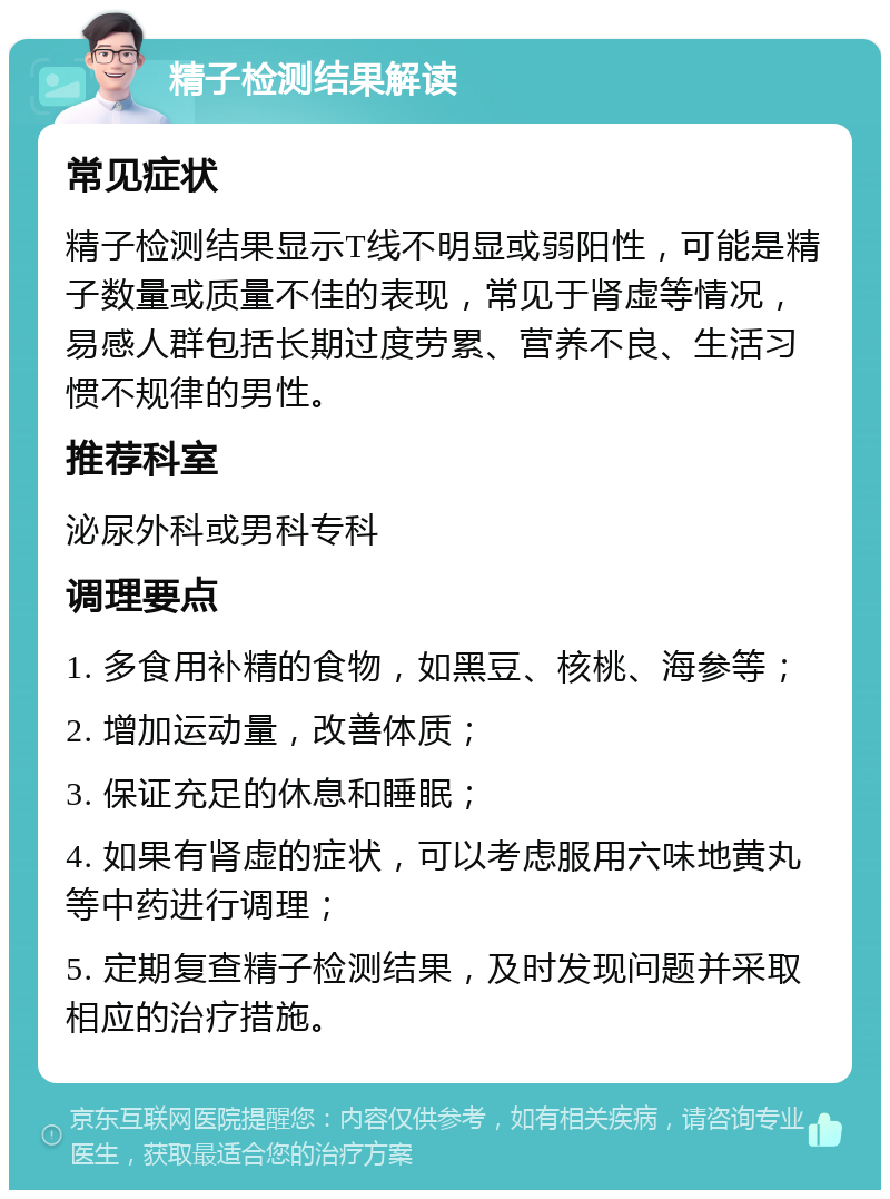 精子检测结果解读 常见症状 精子检测结果显示T线不明显或弱阳性，可能是精子数量或质量不佳的表现，常见于肾虚等情况，易感人群包括长期过度劳累、营养不良、生活习惯不规律的男性。 推荐科室 泌尿外科或男科专科 调理要点 1. 多食用补精的食物，如黑豆、核桃、海参等； 2. 增加运动量，改善体质； 3. 保证充足的休息和睡眠； 4. 如果有肾虚的症状，可以考虑服用六味地黄丸等中药进行调理； 5. 定期复查精子检测结果，及时发现问题并采取相应的治疗措施。